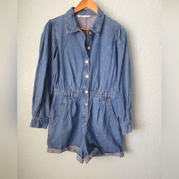 Zara Blue Denim Jumpsuit Romper shorts - Picture 1 of 10